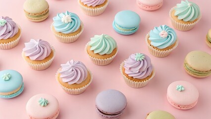 Pastel Mini Desserts Flat Lay on Pink Background.