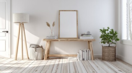 Minimalist Interior Decor with Wooden Shelf and Potted Plant in Bright Natural Light