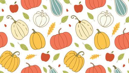 Autumn Harvest Pattern – Pumpkins, Gourds, Apples & Fall Leaves Seamless Design