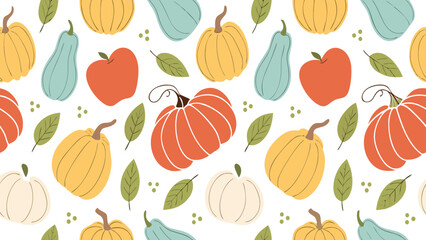 Autumn Harvest Pattern – Pumpkins, Gourds, Apples & Fall Leaves Seamless Design