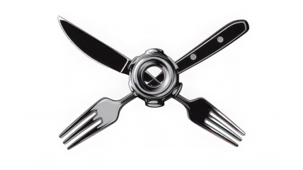 Knife fork and plate icon with metallic style crossed utensils isolated on transparency background symbolizing dining restaurant or cafe ambiance modern and clean design