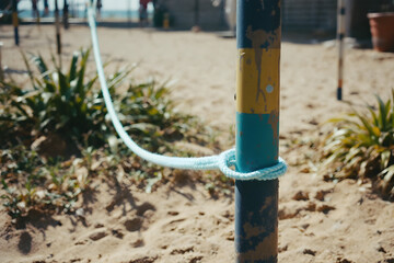 Fototapeta premium Knotted Rope on a Weathered Beach Post Simple Security Connection
