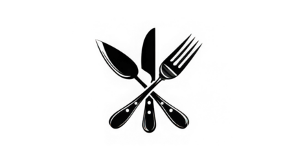 Cutlery icon, black silhouette of fork, knife, and spoon crossed, simple food symbol for bakery and cafe ambiance, isolated on transparency background, modern and clean design