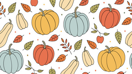 Seamless Autumn Harvest Pattern – Pumpkins, Gourds, Apples & Fall Leaves
