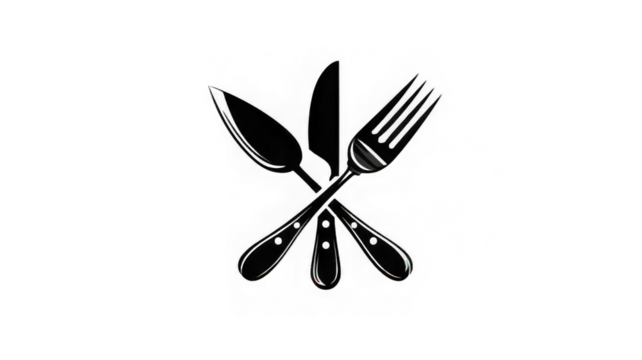 Cutlery icon, black silhouette of fork, knife, and spoon crossed, simple food symbol for bakery and cafe ambiance, isolated on transparency background, modern and clean design