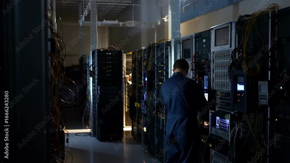 Poster datacenter engineer working on servers and computers