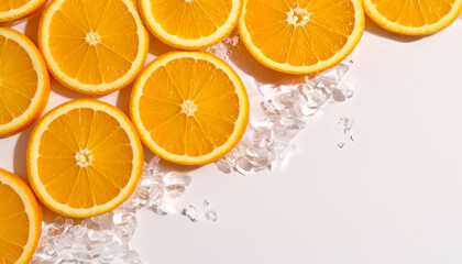 Fototapeta premium Fresh Orange Slices with Crushed Ice on White Background