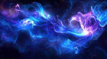 Abstract blue and purple nebula swirls in space.