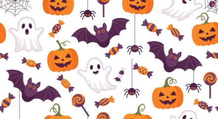 Halloween seamless pattern featuring pumpkins, ghosts, bats, spiders, and candy against a white background with a playful, orange and purple color scheme.