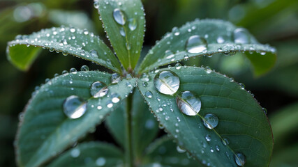 Macro shot of dew drops on green leaves with reflections of morning light