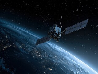 Sleek High-Tech Artificial Satellite Orbiting Earth Amid Twinkling Stars