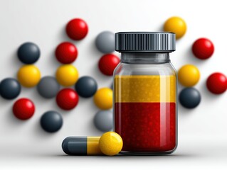 Closeup of yellow pill in prescription medicine bottle, healthcare and wellness concept