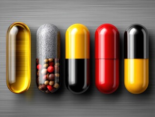 Closeup of assorted pills and capsules on a simple gray background for pharmaceutical or healthcare concepts