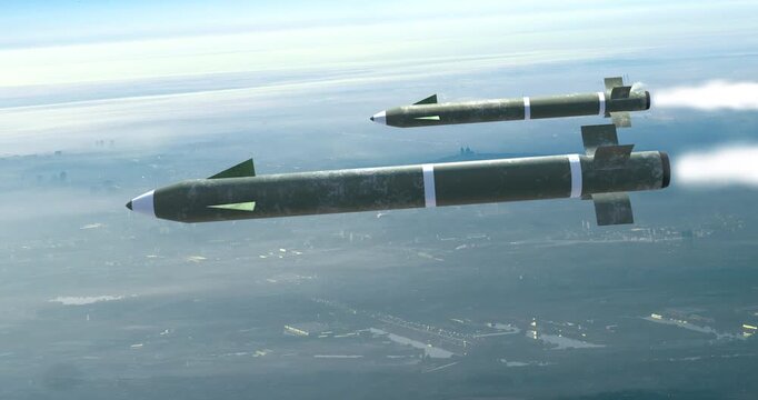 Fast-moving ballistic missiles soaring over war zone. War And Weapons Related 3D Animation.