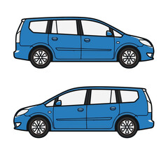 Obraz premium Side profile illustration of a blue multi-purpose vehicle (MPV) facing left and right on a white background.