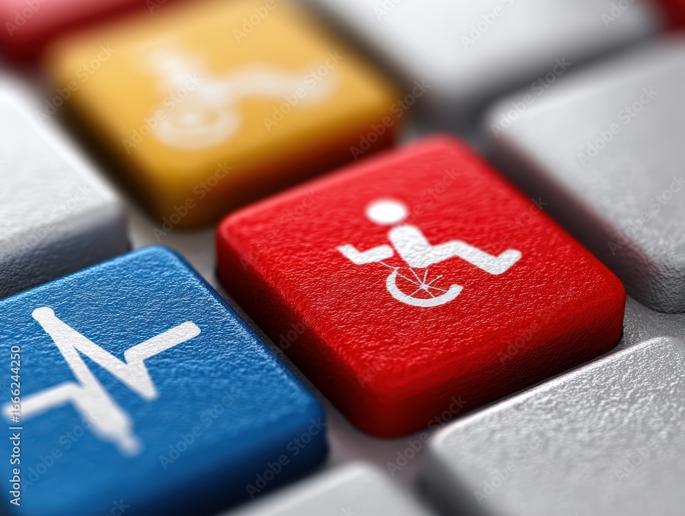 Poster closeup of red and blue keys on a computer keyboard, technology communication