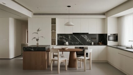Fototapeta premium A modern and minimalist kitchen - dining space, featuring black, white, and gray as the main tones, paired with wooden furniture, creating a simple, elegant, comfortable, and practical home atmosphere