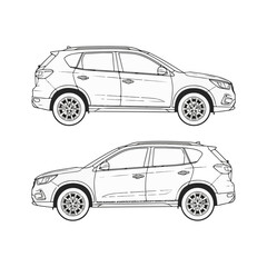 Naklejka premium Two black and white line art illustrations of a modern SUV car from a side profile view.