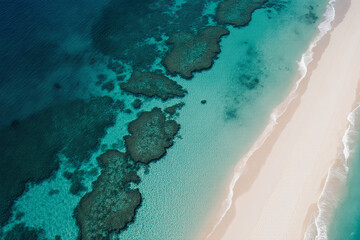 Stunning aerial view of turquoise waters and sandy beach with coral reefs. Perfect tropical paradise