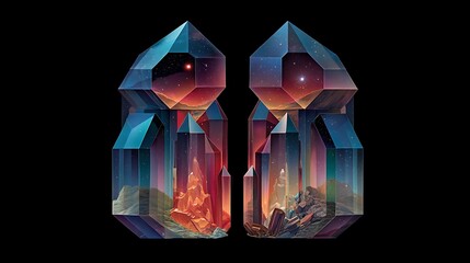 against a dark background, two clusters of polygonal structures dominate the scene, resembling large gemstones or crystals