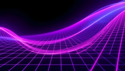 Abstract holographic neon wave grid background in purple blue pink tones, smooth blank top-left space