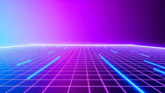 Ultra modern neon grid plane stretching into purple blue glow, clean right copy space, 4K background