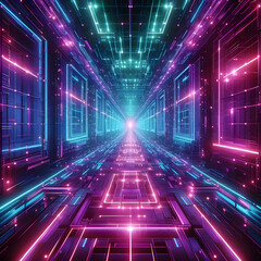 Futuristic Digital Tunnel – Neon Cyber Grid with Glowing Light Perspective
