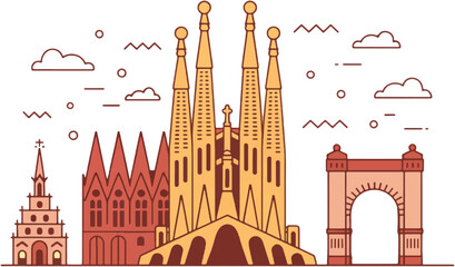 Barcelona skyline outline illustration with Sagrada Familia and Arc de Triomf spain architecture