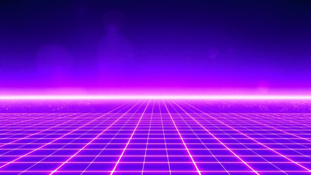 Neon grid background with glowing purple blue horizon, digital particles, 70% copy space, 4K design
