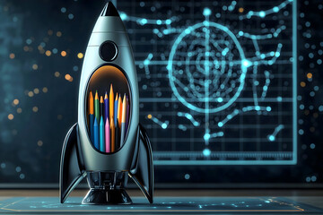 Yellow backpack full of school supplies against a green digital background.