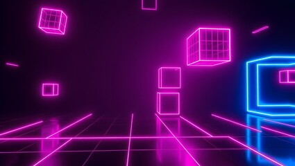 Futuristic neon cubes floating in dark space with glowing grid, pink purple blue, 70% copy space, 4K