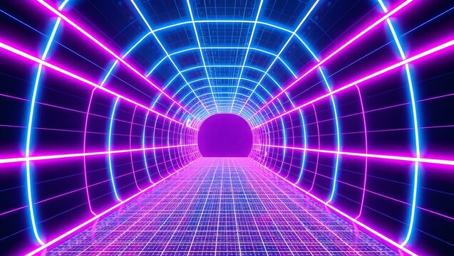 Modern futuristic neon tunnel perspective with luminous blue magenta grid, smooth copy space, 4K