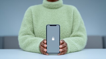 Hands delicately holding a smartphone with a locked screen while seated at a minimalist table. National Crime Prevention Month