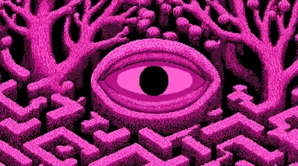 Intricate hand-drawn digital artwork featuring a mystical eye amidst a surreal maze of vibrant pink trees and geometric shapes. National Crime Prevention Month