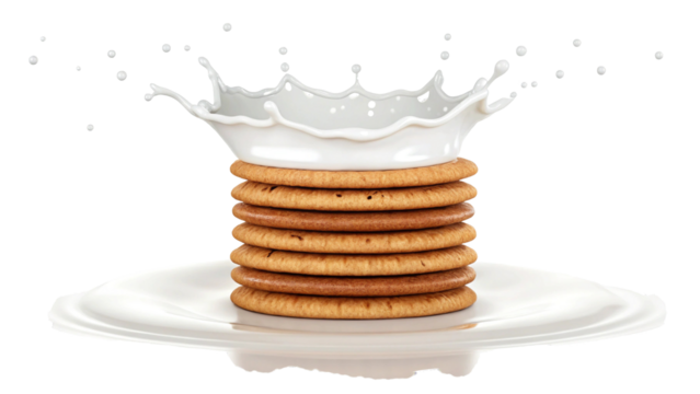 Delicious stack of cookies with milk splash on a white plate perfect for snack time healthy eating and indulgence moment with breakfast treat