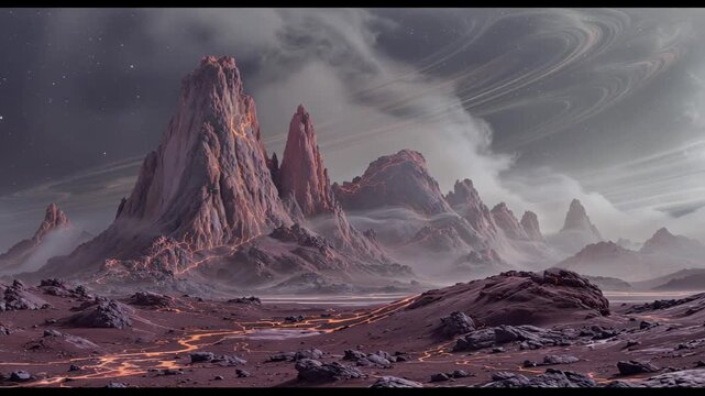Vast volcanic mountain range on Venus, obscured by a thick, carbon dioxide atmosphere, faint red glow from thermal emissions, rugged, rocky landscape, extreme conditions, orbital radar mapping.
