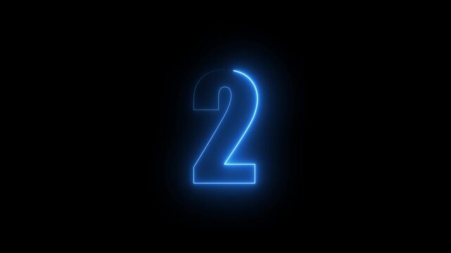 Abstract glowing neon text 02 number countdown icon. Glowing sign on black background Neon number 2 with alpha channel, simple blue neon color. Seamless loop style animation.4k video.