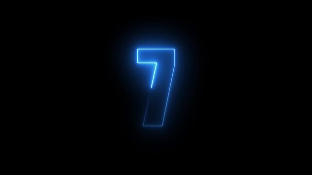 Abstract glowing neon text 07 number countdown icon. Glowing sign on black background Neon number 7 with alpha channel, simple blue neon color. Seamless loop style animation.4k video.