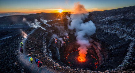 Group of hikers walking along a trail near an active volcano crater with lava and smoke at sunset.