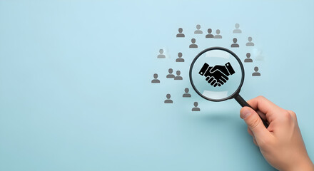 Business ecosystem scrutiny analyzing collaboration or partnerships with magnifying glass handshake silhouette icons
