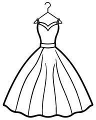 Elegant dress on hanger line art, black and white, wedding or prom fashion concept, with copy space