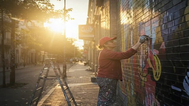 Artist painting a vibrant mural on a city wall at sunset, showcasing urban creativity