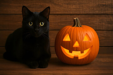 A black cat with an Orange pumpkin on Halloween on a rustic wooden background. A postcard for the holiday. 
