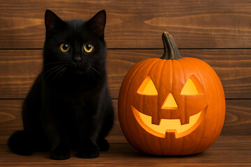 A black cat with an Orange pumpkin on Halloween on a rustic wooden background. A postcard for the holiday. 