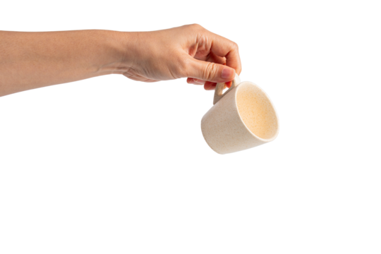 Coffee in a white cup and hand, coffee in a glass, cup on transparent background
