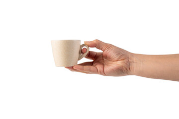 Coffee in a white cup and hand, coffee in a glass, cup on transparent background