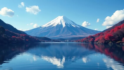Naklejka premium Fuji's snow-capped summit dominates Kawaguchiko's tranquil waters , view, travel, tranquil