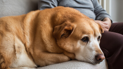 Fototapeta na wymiar Cute fat dog sad because excess weight. Modern problem of obesity in pets due to overfeeding with food and treats. Concept diet and fight against excess weight in dogs and awareness of animal health