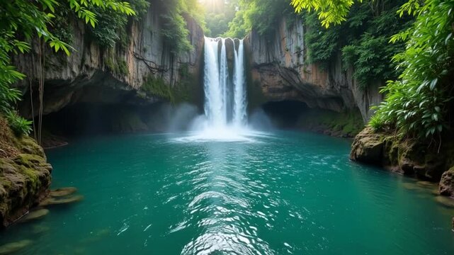 Breathtaking turquoise waterfall cascading into a tranquil lagoon surrounded by lush tropical rainforest greenery