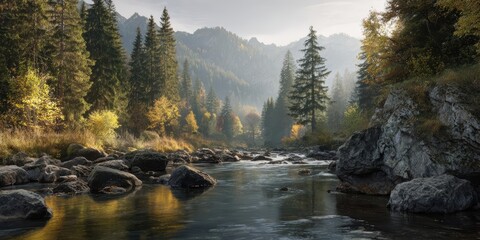 Autumn River Landscape: Scenic Forest, Mountains, and Flowing Water
